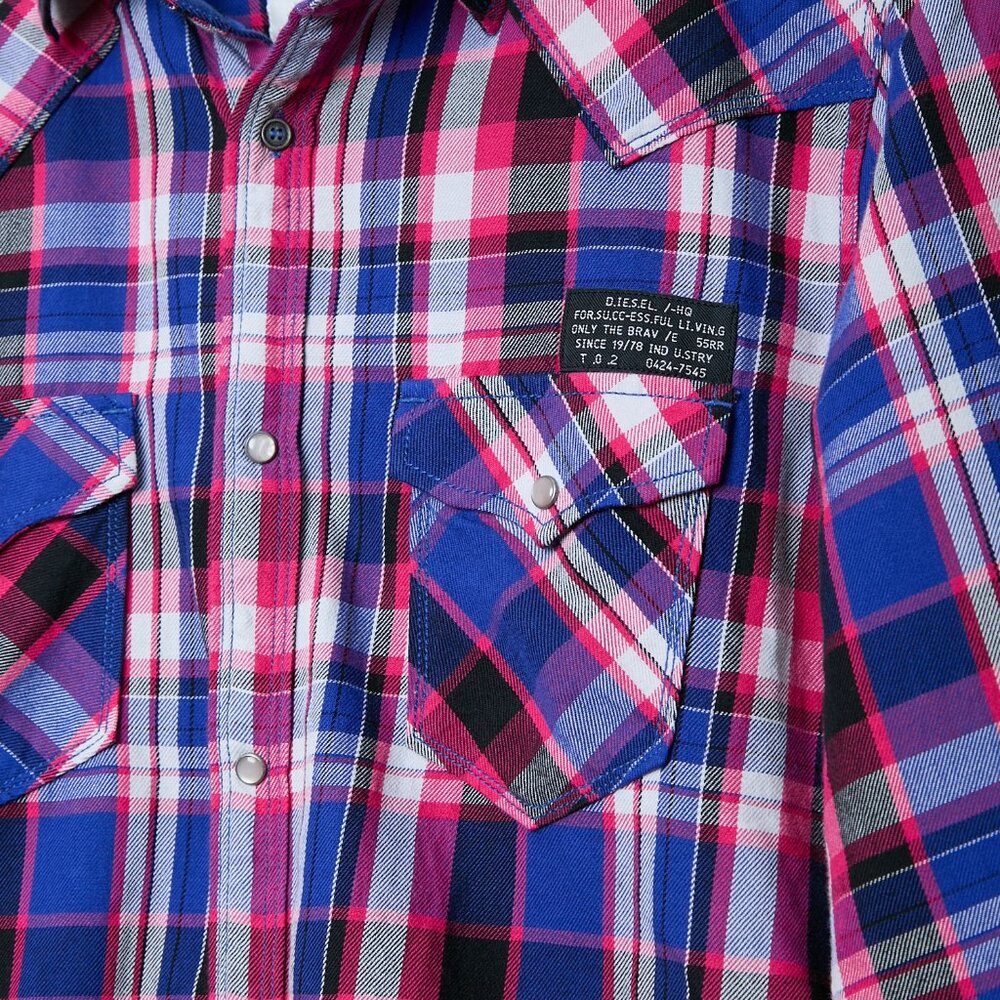 Diesel Plaid Pearl Snaps Long Sleeve Shirt Western Cowboy Men's Medium Pink Blue - Picture 4 of 8